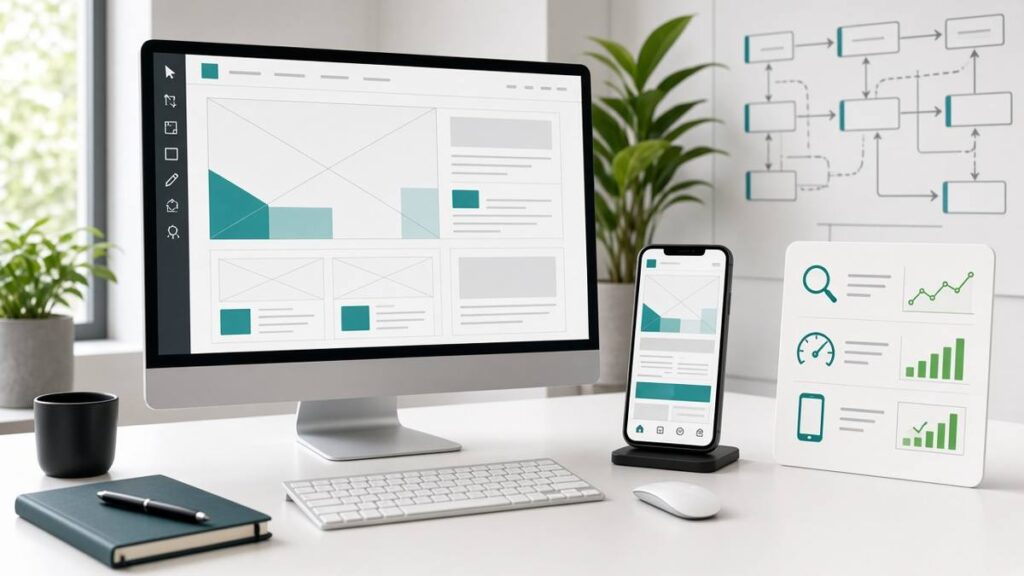 SEO-first website redesign on desktop and mobile with sitemap and traffic growth